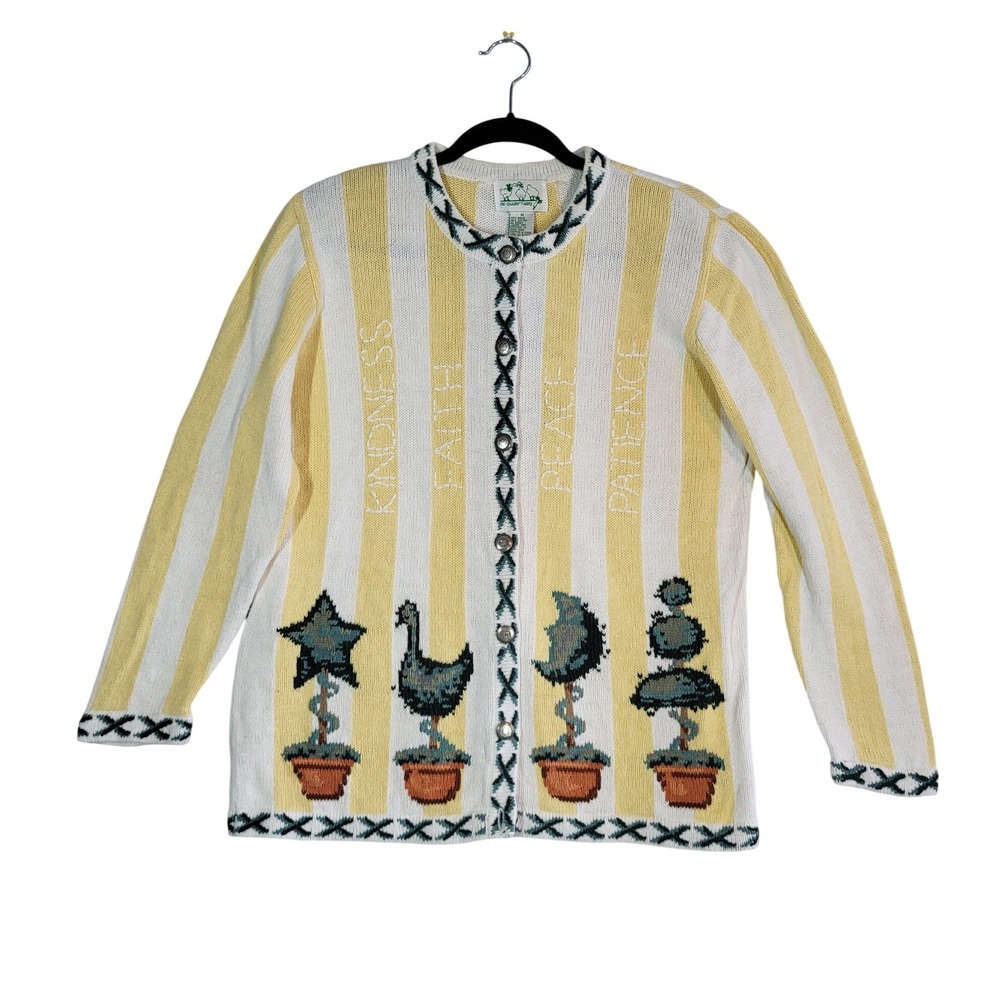 VTG The Quacker Factory Cardigan M 10/12 Yellow Striped Topiary Long Sleeve NWOT
